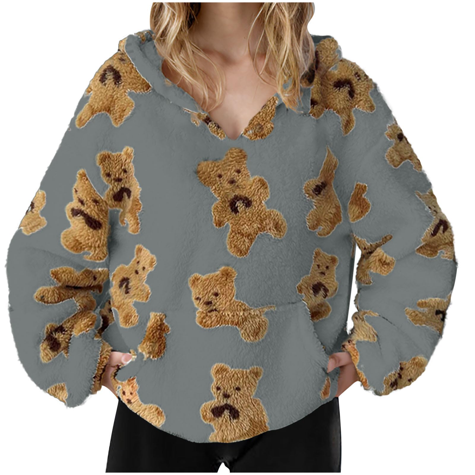 

Women s Teddy Bear Coat Printed Double-layer Plush Pullover Fleece Hoodie, Casual Loose Pocket Long-sleeve Sweatshirt XL