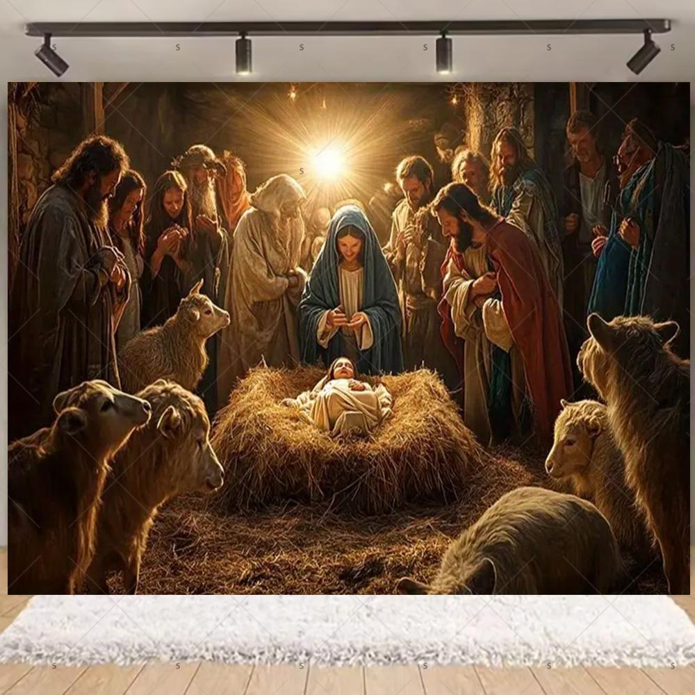 

Nativity Scene Background Banner Starry Night Traditional Christmas Religious Jesus Backdrop Supplies Christmas Party Decoration 90x60 CM
