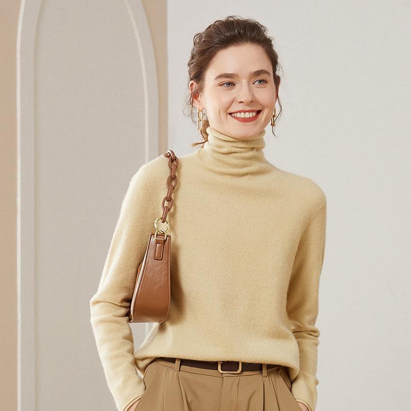 Women’s Cashmere Pile Collar Sweater - High Collar, Knitted, Loose Fit, Slim Inner Layer