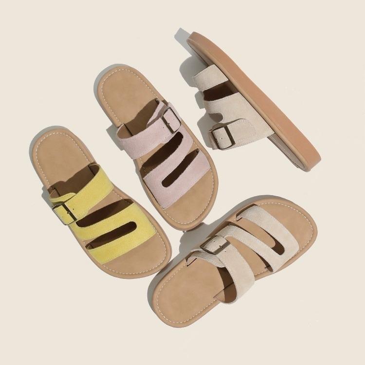 Soft-faced Flat-bottomed Slippers for Women's Summer Outer Wear 2025 New Versatile Belt Buckle Leather Casual Non-slip Soft-bottomed Sandals