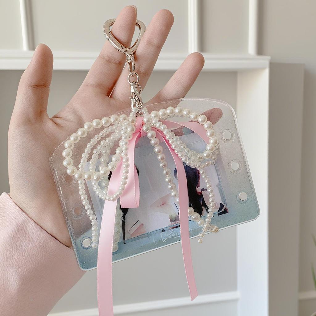 Chaveiro Coração com Laço de Pérola de Luxo Coreano Pingente de Bolsa
