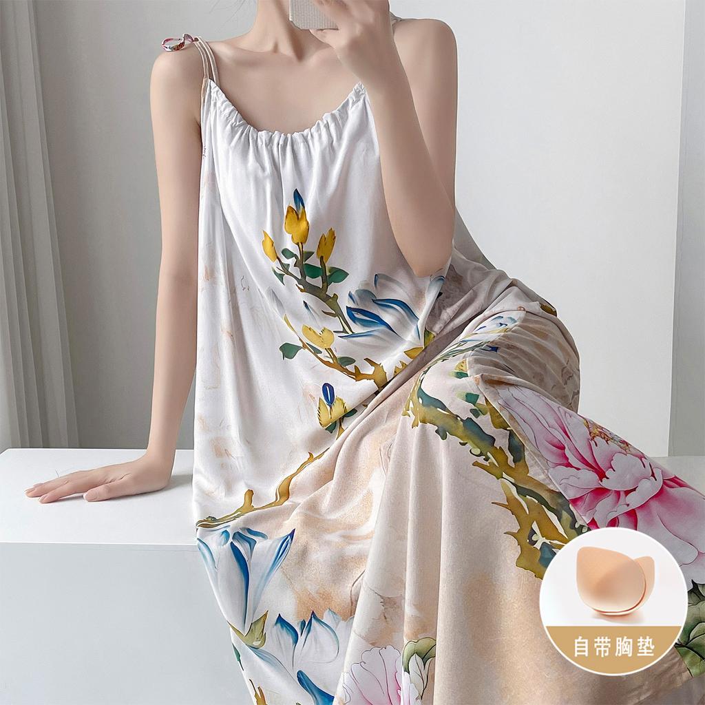 Anti-bump cotton silk suspender nightdress women's summer thin plant flower high-end loungewear with chest pad dress
