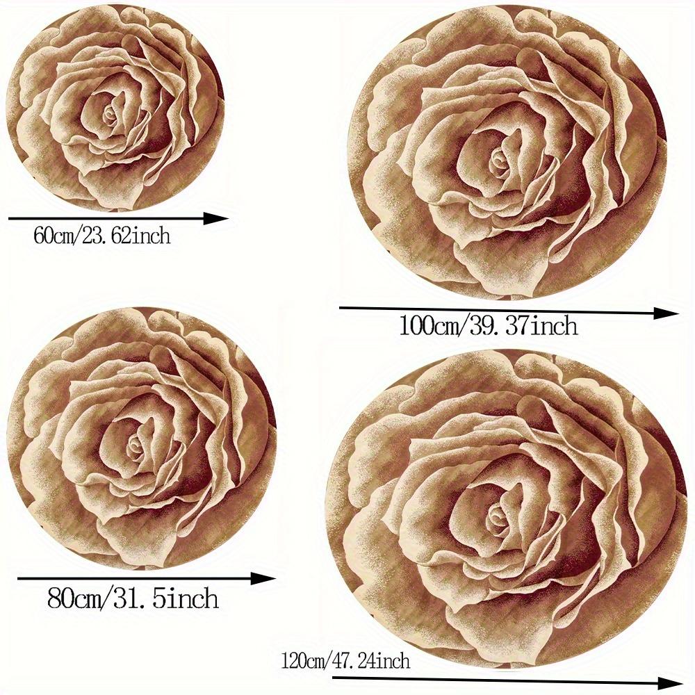 Elegant Rose Floral Round Rug Brown and  Beige Non-Slip Floor Mat Washable 2D Flat Print Area Rug for Living Room Bedroom Decor