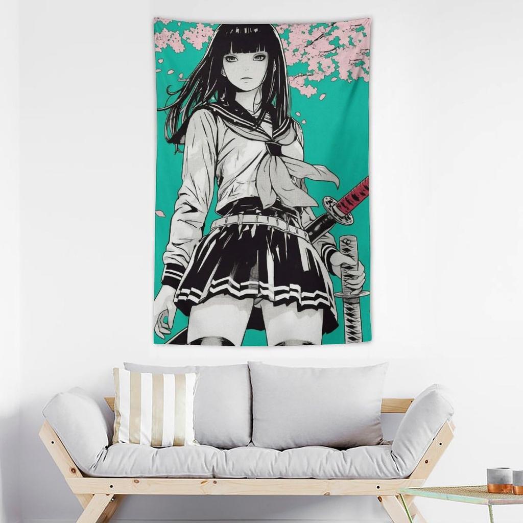 VIKAMA Samurai Japanese Anime Girl Tapestry Aesthetic Wall Decoration for Living Room and Bedroom Wall Hanging Home Decoration