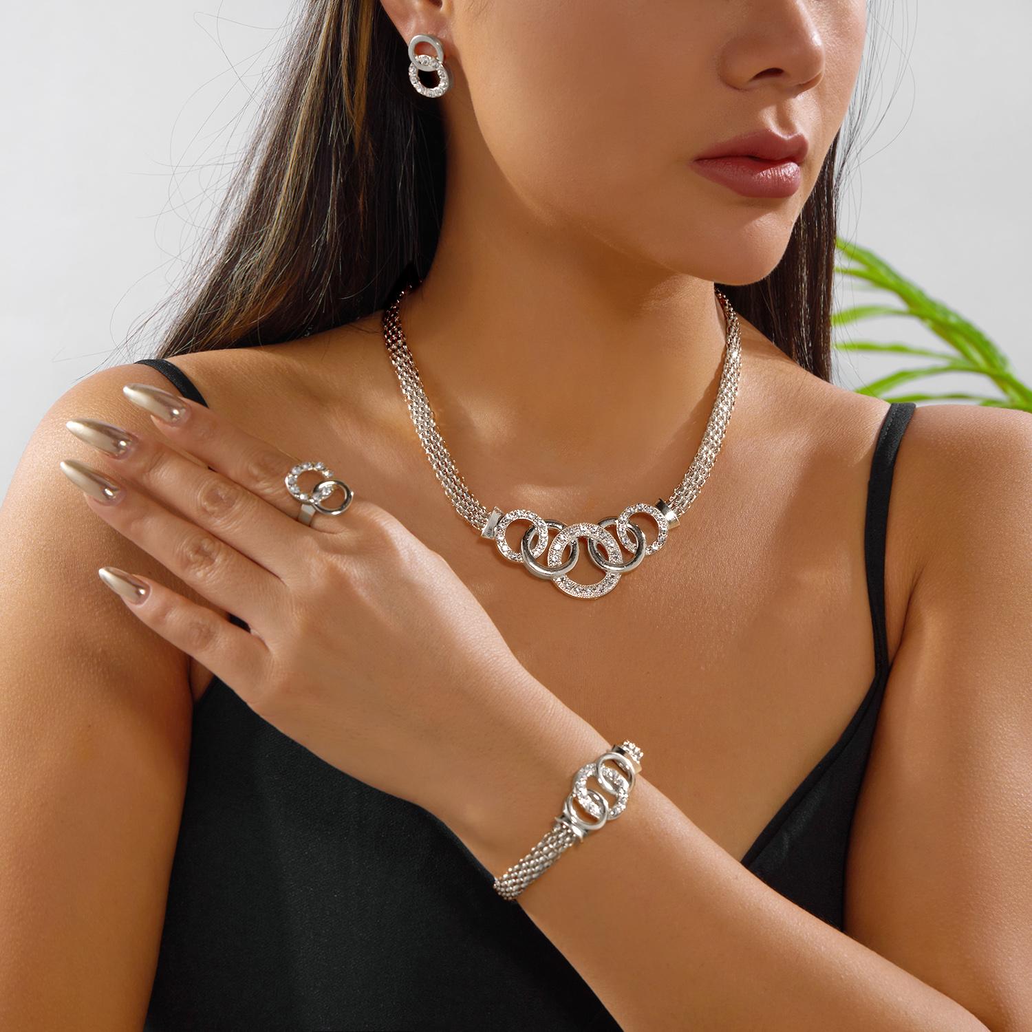 

Light Luxury Geometric Circle Zircon Jewelry Set For Women Shiny Rhinestone Necklace Bracelet Earrings Ring Bride Wedding Gifts