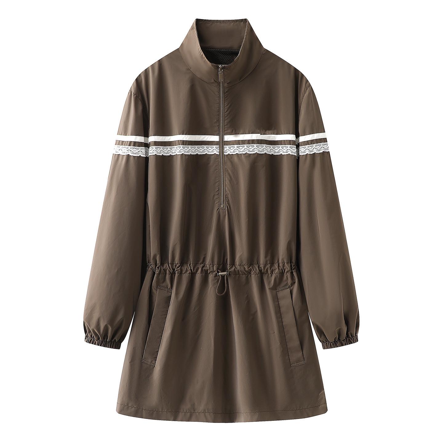 

In Stock: Women s Spring 2026 Lace Patchwork Stand Collar Long Sleeve Trench Coat with Sun Protection - Style 3K1OB07 XS кофейный
