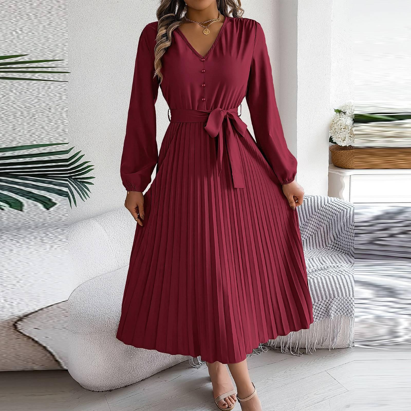 

Женское модное ретро-платье в складку с V-образным вырезом, застежкой на пуговицы и длинными рукавами XL винный