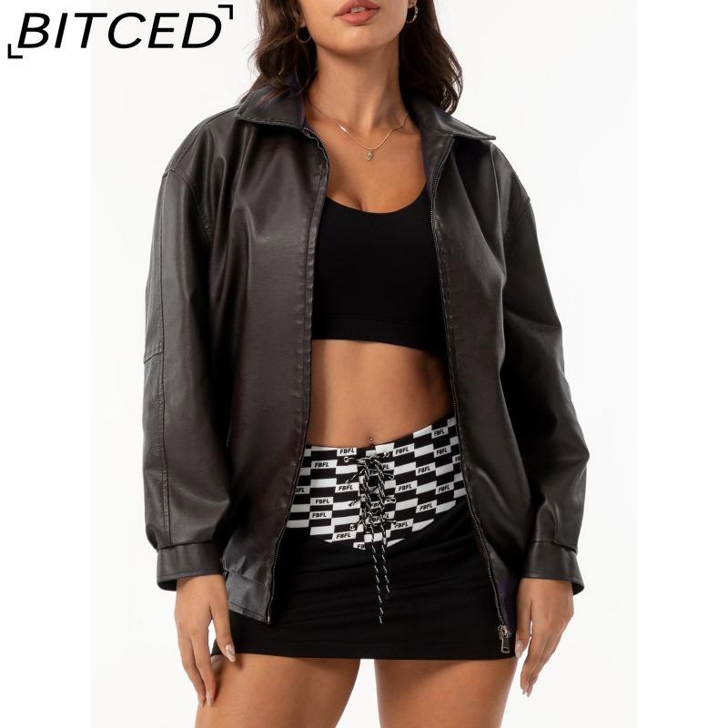 BITCED Fashionable Oversized Leather Jacket for Women Long-Sleeve Collared Spring/Fall Coat