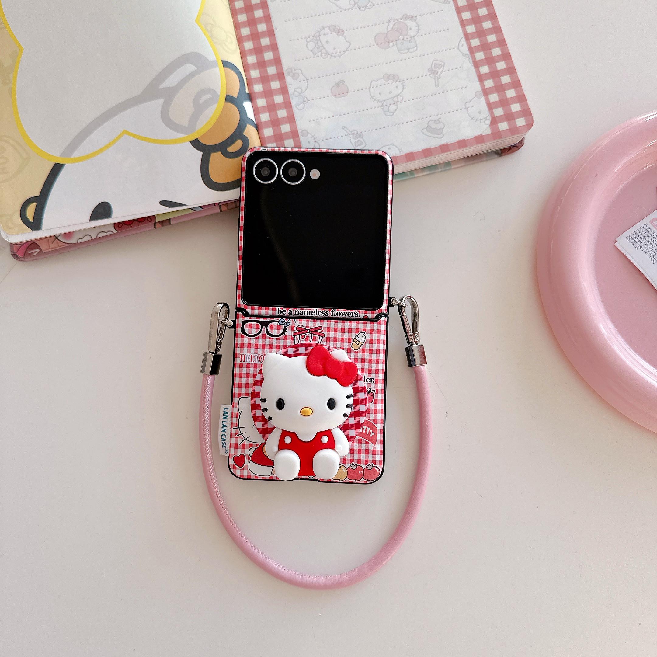

Red Checkered 3D Hellokitty Magnetic Holder Phone Case for Samsung Galaxy Z Flip7 6 5 Flip5 Flip6 Funda Fashion With Hand Strap Galaxy Z Flip7 красный
