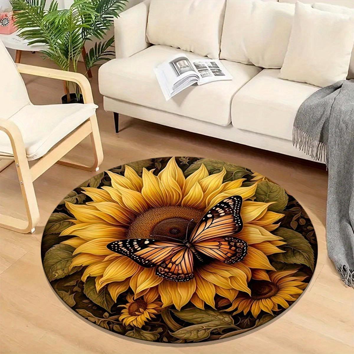 

1pc Crystal Velvet Charming Butterfly and Sunflower Round Mat - Non-Slip,, Washable Living Room & Bedroom Decorative Doormat, Home Entrance Mat 80cm x 80cm