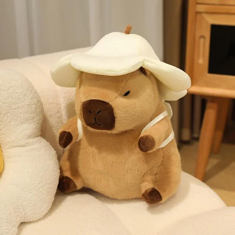 Flower Hat Capybara Soft Guinea Pig Carrying Backpack Doll Stuffed Comfort Pillow Kawaii Room Decor Birthday Gifts