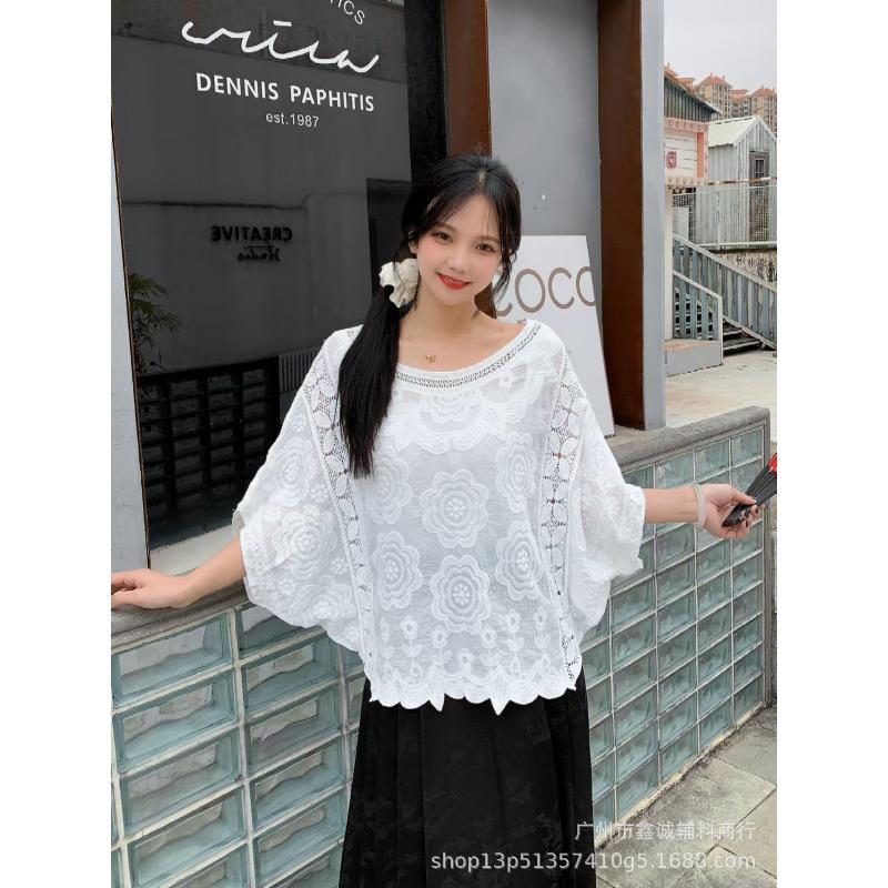 Summer new women's clothing small fresh round neck splicing embroidery solid color loose pullover top knitted batman shirt