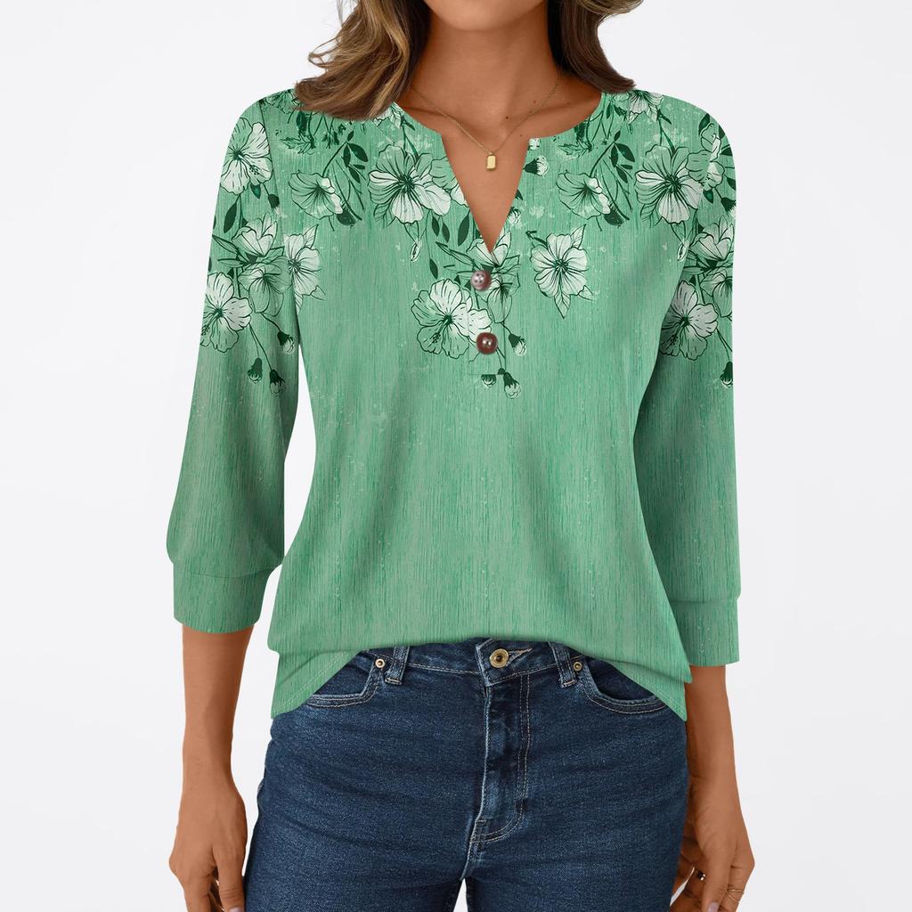 Damesmode Casual 3/4 Mouw T-shirt Prints V-hals Knoop Top