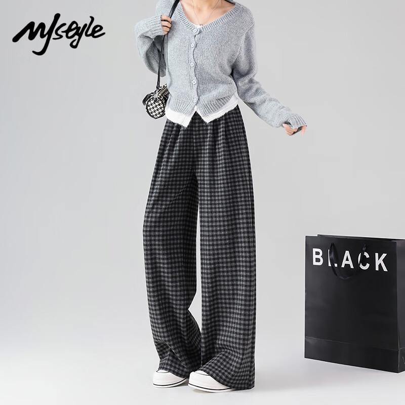 MJ STYLE Women's Retro Plaid Wide-Leg Casual Pants