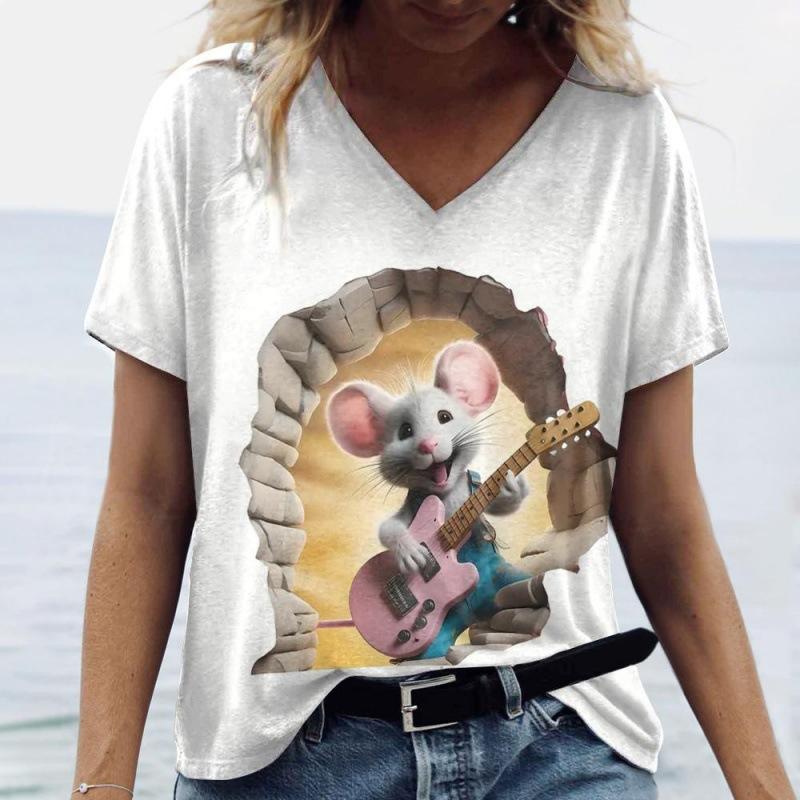 Sommer V-Ausschnitt 3D Tierdruck Top Modische Lässige Kurzarm Damen T-Shirts