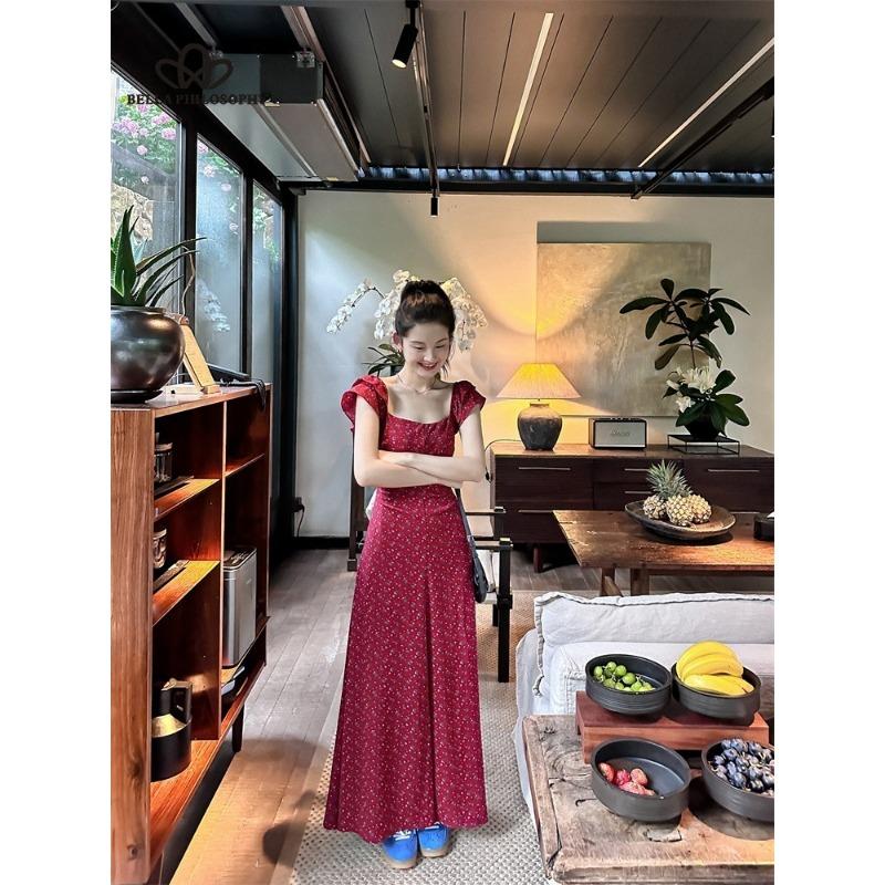 French Pure Lust Vacation Style Floral Backless Waistless Tie Fly Sleeve Long Dress Dress Long Dress Traditional Dress