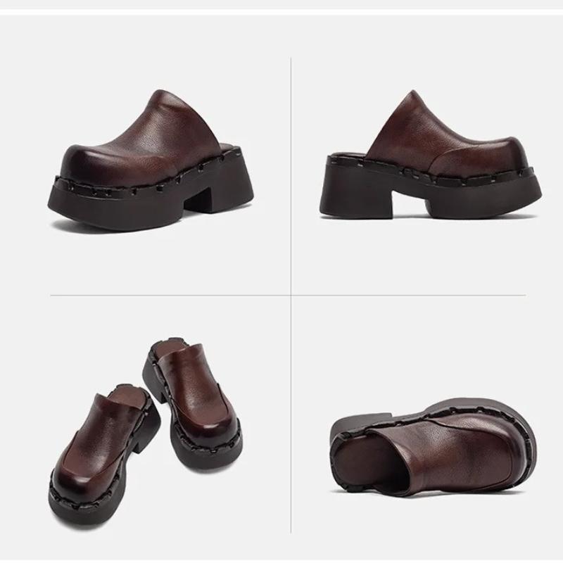 Johnature British Style Genuine Leather Round Toe Thick Heel Slippers Comfortable Thick Soled Women's Shoes