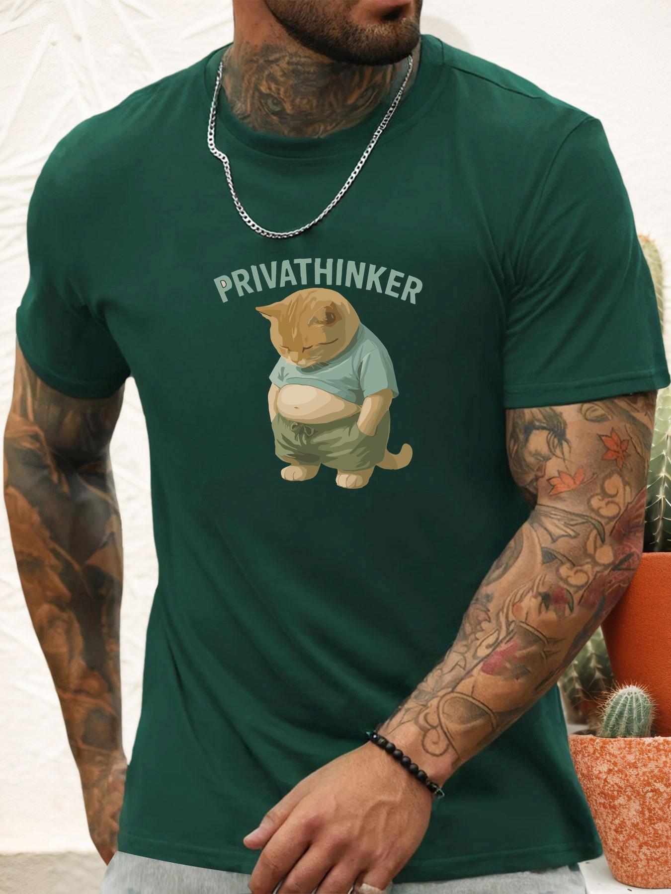 

Short Sleeve TShirt Mens 100 Cotton Summer Round Neck White PRIVATHINKER Cat Graphic Print Trendy Casual Tee 4XL