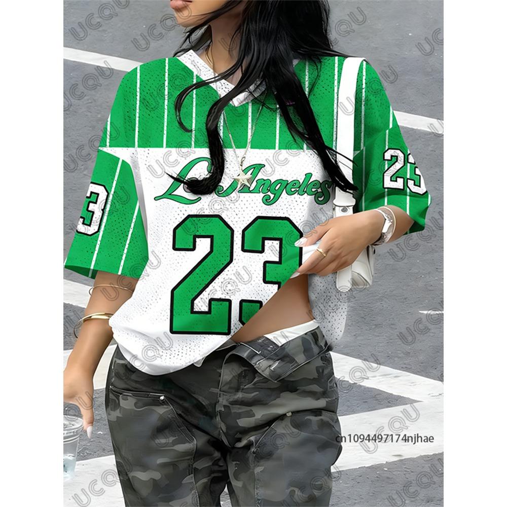 T-shirt a Strisce Estiva Nuova con Stampa Los Angeles 23 per Donna Scollo a V Patchwork Manica Corta Maglia Sportiva da Calcio Top Oversize Y2K