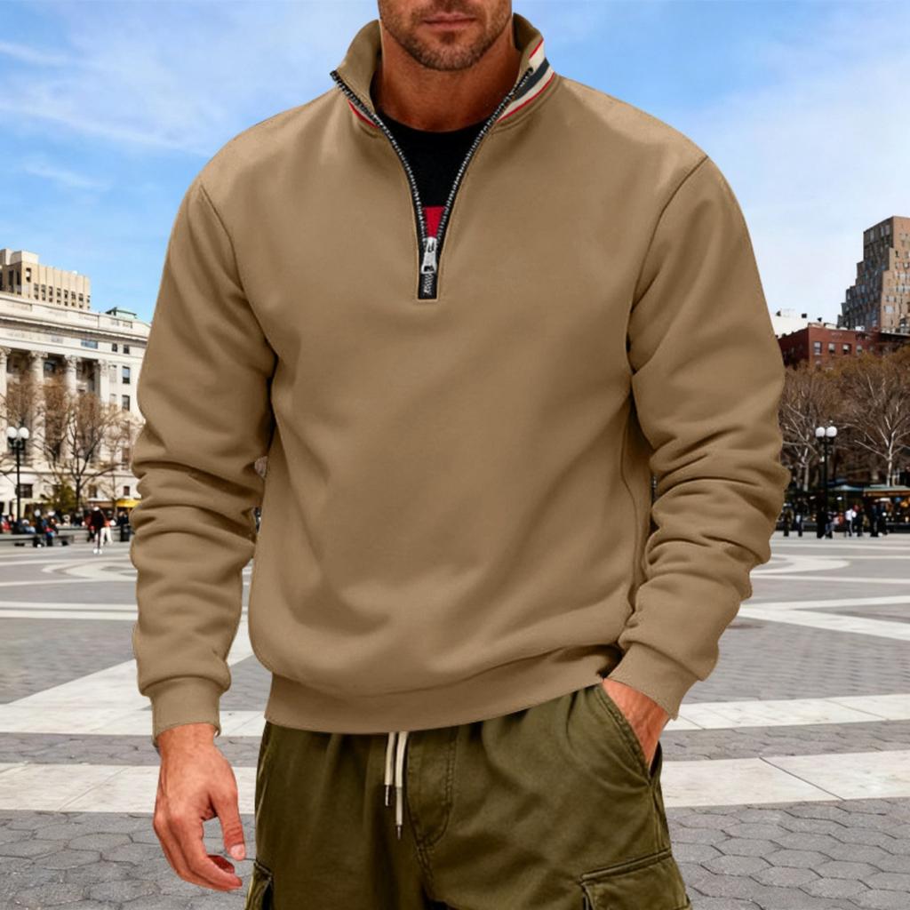 Men's Solid-color Casual Fleece Hoodie, Men's Loose Stand-up Collar Semi-zipper Casual Sport Pullover Hoodie