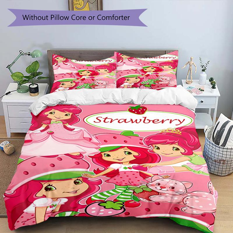 3pcs Strawberry Princess4 Design Cover Set - HD Printed Bedding with 1 Cover and 2 Pillowcases - Perfect for Home and Dorm Decor
