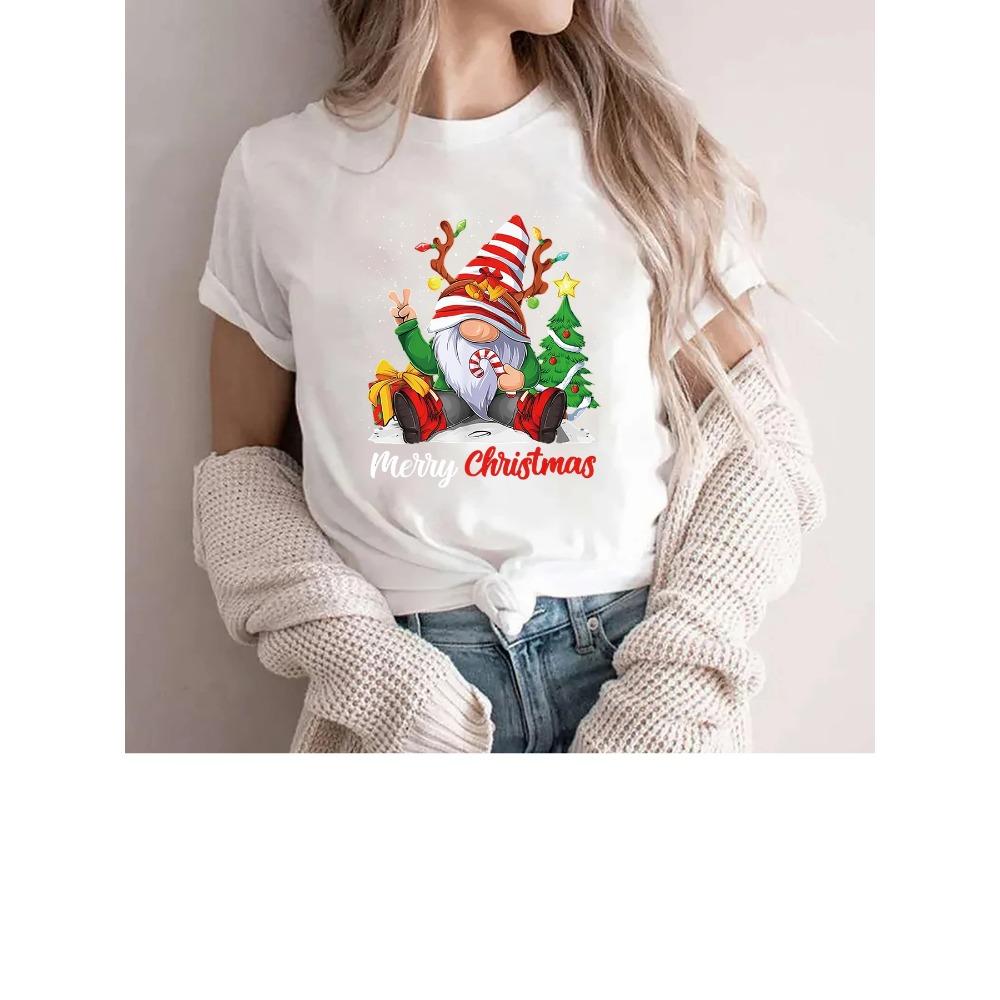 

Счастливого Рождества Футболка с принтом Женская с коротким рукавом Круглый вырез Свободная футболка Летняя футболка Семейный рождественский узор с гномами Женский топ 6XL