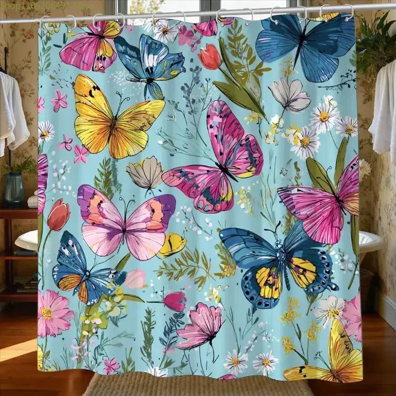 1pc Bathroom Shower Curtain, Butterfly Garden Visit Experience, Anniversary Shower Curtain, Includes 12 Hooks, 180x180cm Bathr