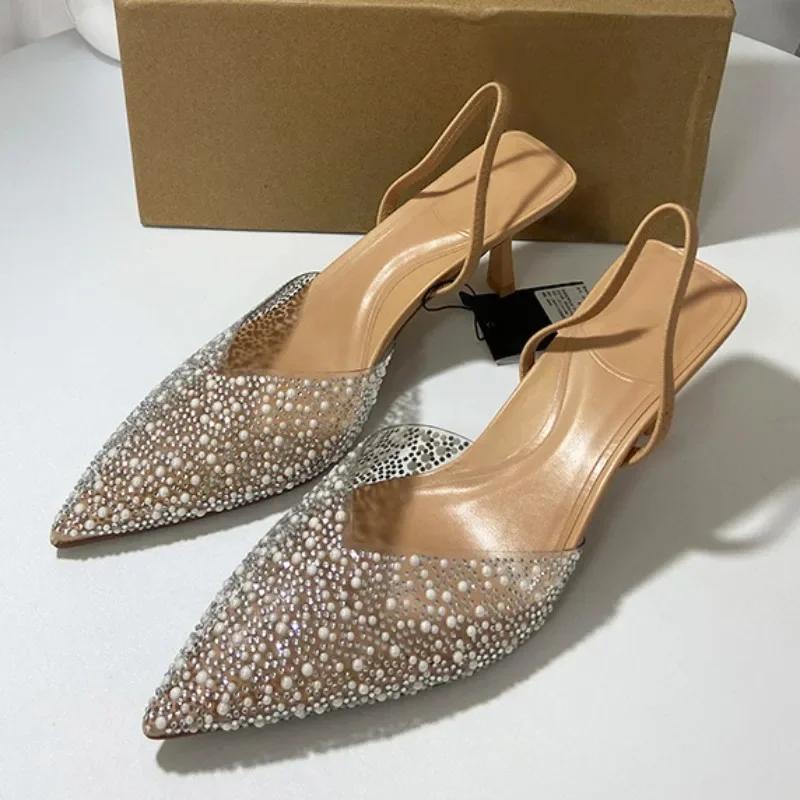 Sandali Estivi Donna Tacco Alto Soleist Punta Aperta Trasparente Sandalo Slingback Elegante Moda Donna Decorazione Perle