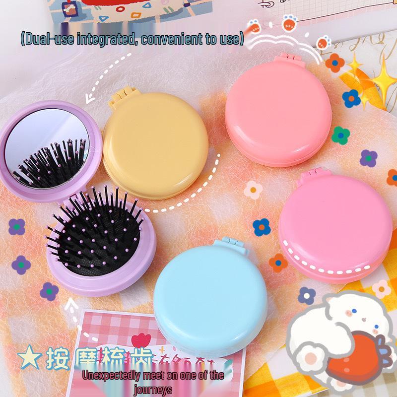 Portable Folding Air Cushion Comb and Mirror - Stylish Student Massage Brush for Girls