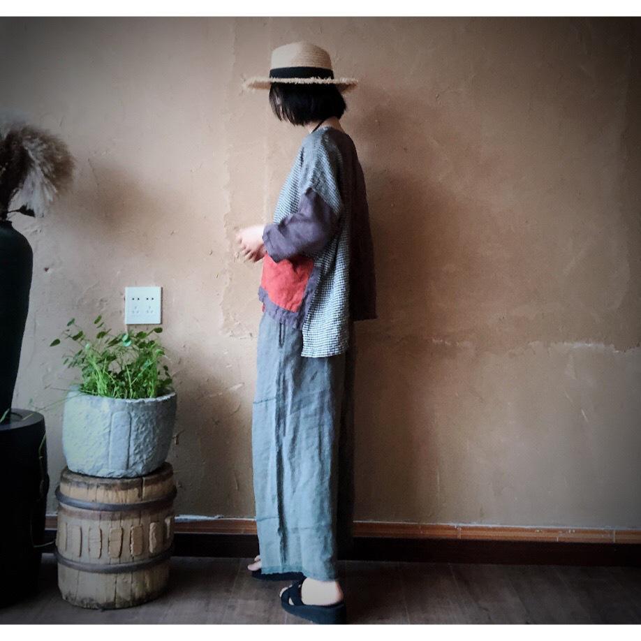 Ancient Mud Patchwork Loose Linen Top - Women's Plus Size Artistic Black & White Plaid Shirt