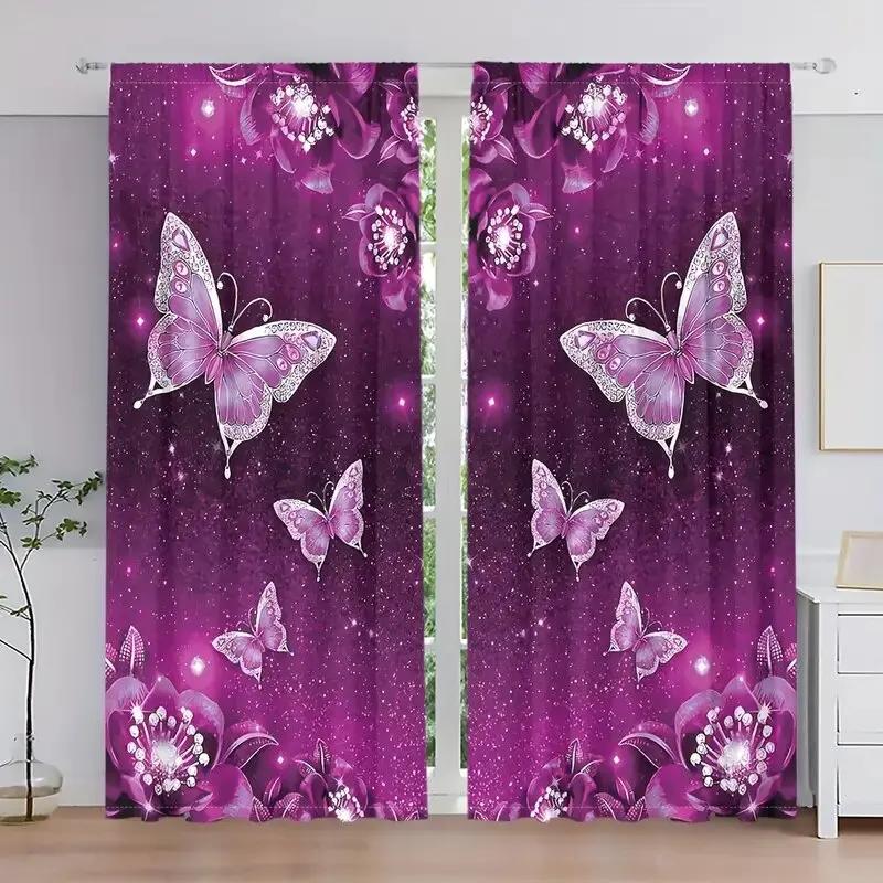 Christmas Decoration Purple-Blue Crystal Butterfly Pattern Printed Curtains   Home Decoration   Room Decoration