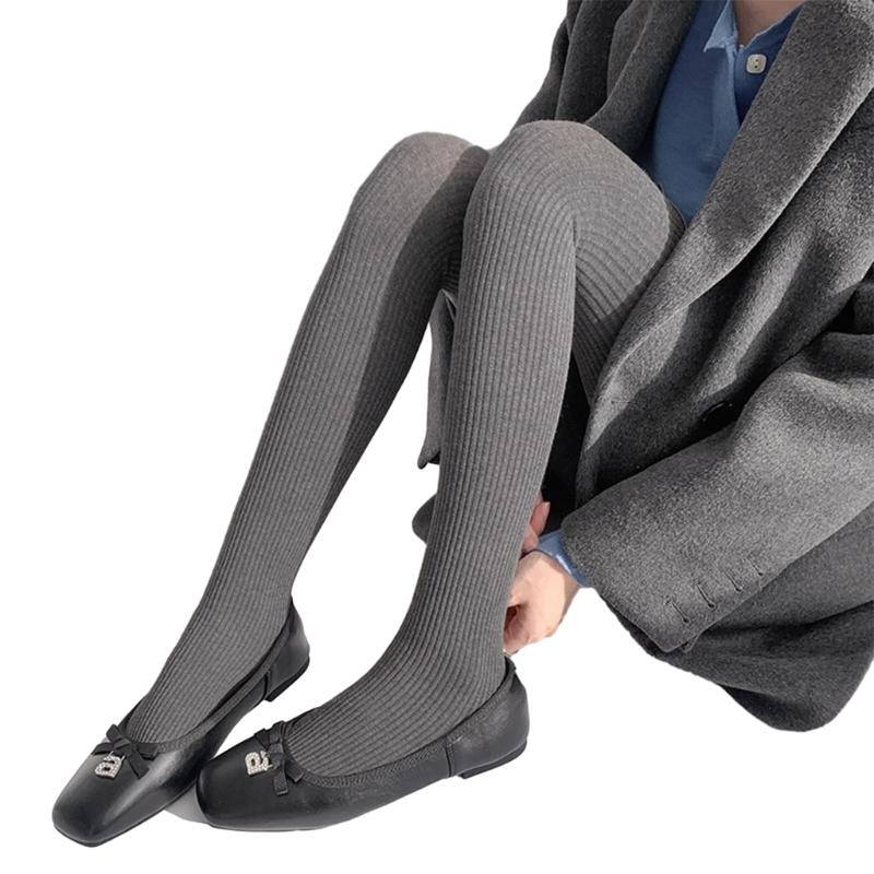 Women Vintage Slim Stockings Solid Color Thicken Ribbed Striped Pantyhose Tights