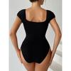2025 Short Sleeve Swimsuit Women One Piece Solid Swimwear Female Zipper Bathers Bathing Swimming Suit Summer Beachwear Bodysuit