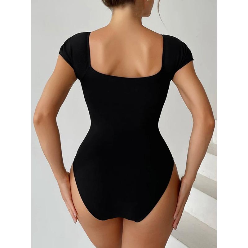 2025 Short Sleeve Swimsuit Women One Piece Solid Swimwear Female Zipper Bathers Bathing Swimming Suit Summer Beachwear Bodysuit