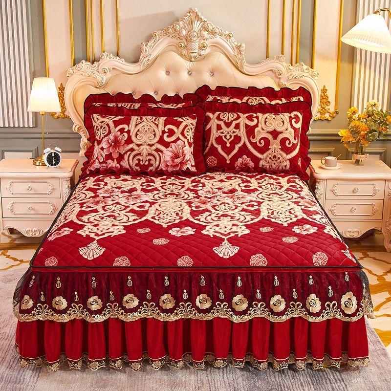 High Grade Winter Crystal Velvet Thicken Quilted Bedspread King Queen Size Flannel Quilting Bed Skirt Including Pillowcase