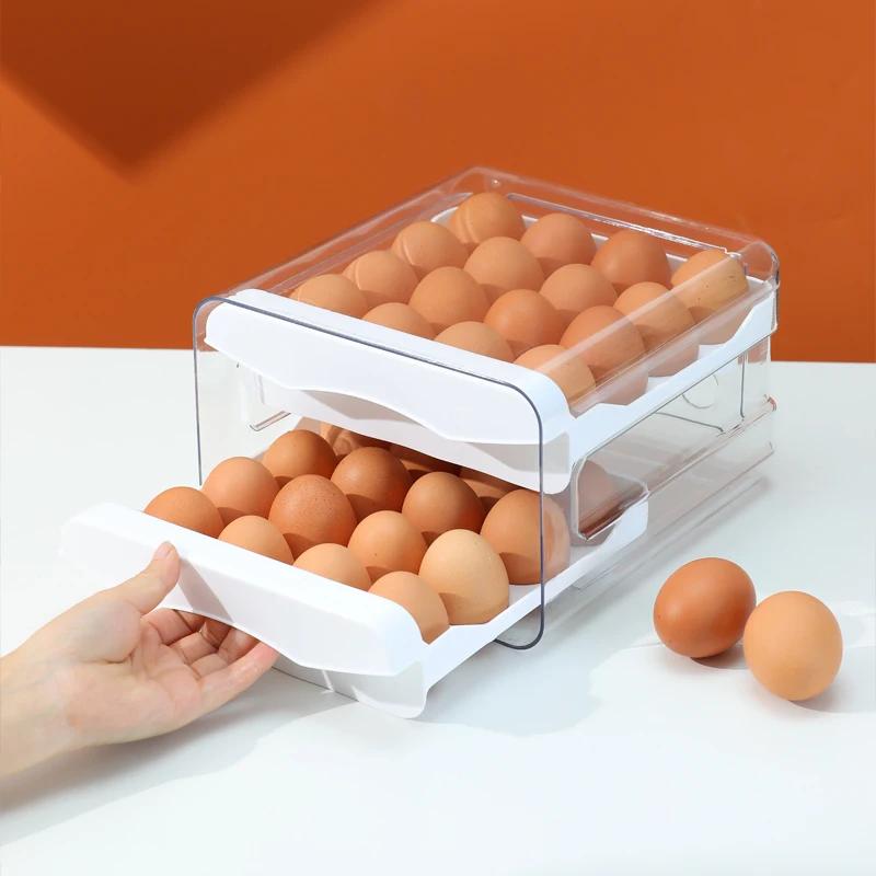 Großvolumige Eieraufbewahrungsbox aus transparentem PET mit 32 Fächern, doppelschichtiger Eier-Crisper mit Schubladenfunktion, Küchenaufbewahrung, Eierbox