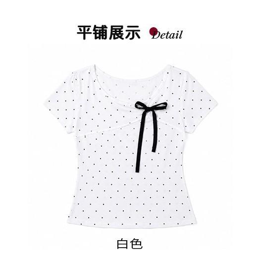 Gram Cotton, Polka Dot Shoulder Short-sleeved T-shirt Women's Summer Bow Design Sense Slim-fitting Short Korean Top