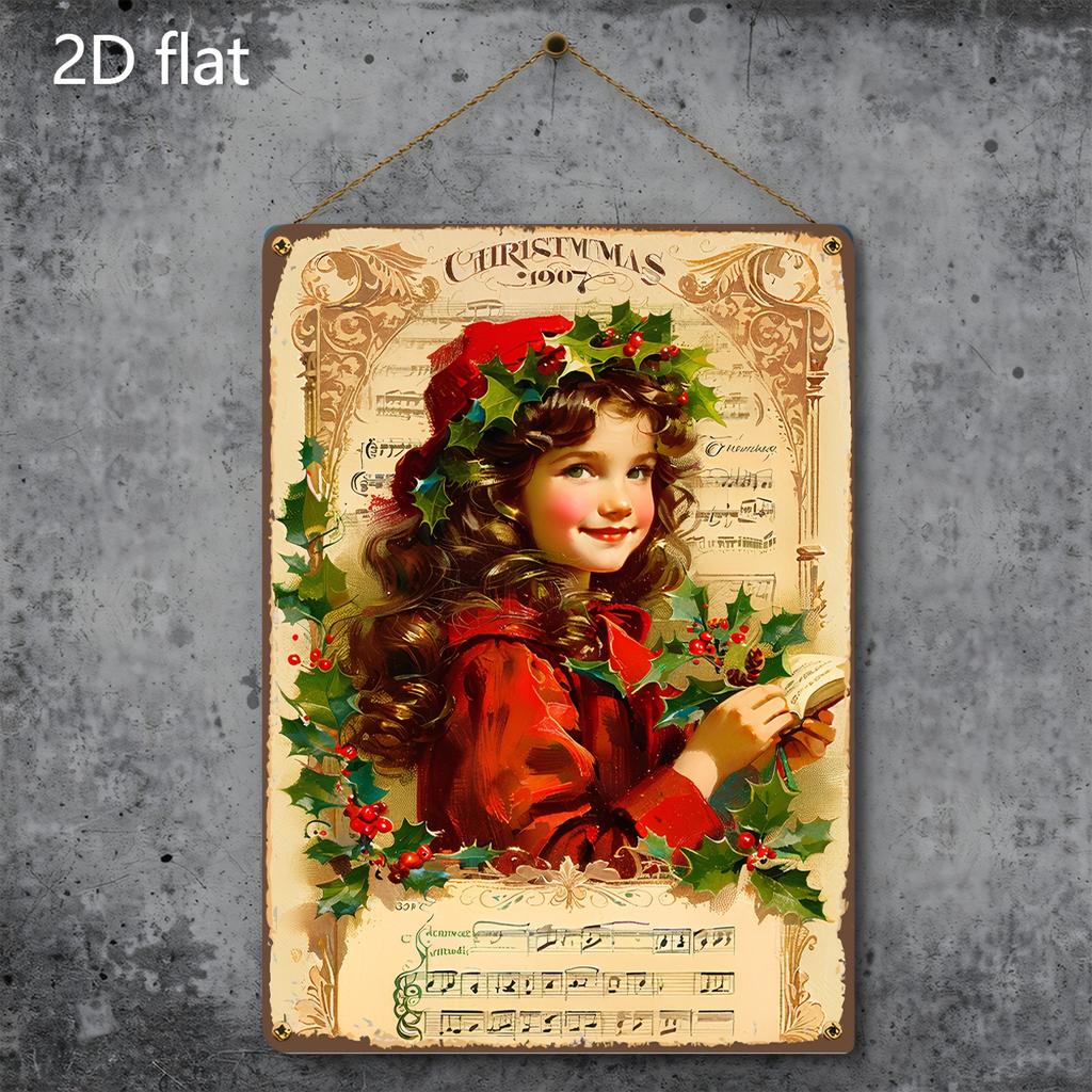 Weihnachts-Blechschild 2D Flache Wanddeko Metallplatte Hängendes Ornament Mädchen