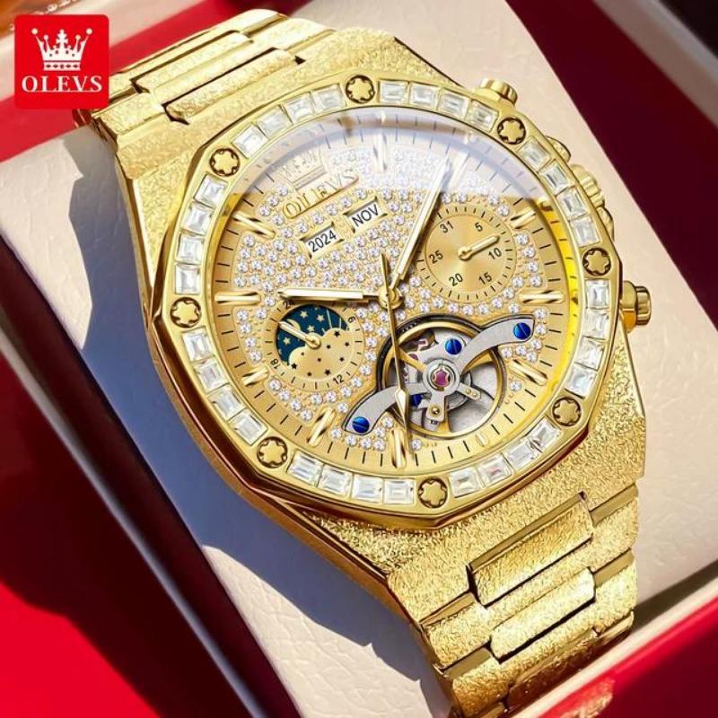 OLEVS Ay Evresi Krono Lüks Saat Elmas Otomatik Erkek Saatleri Zımparalanmış Çelik Kordon İskelet Volan Mekanik Kol Saati