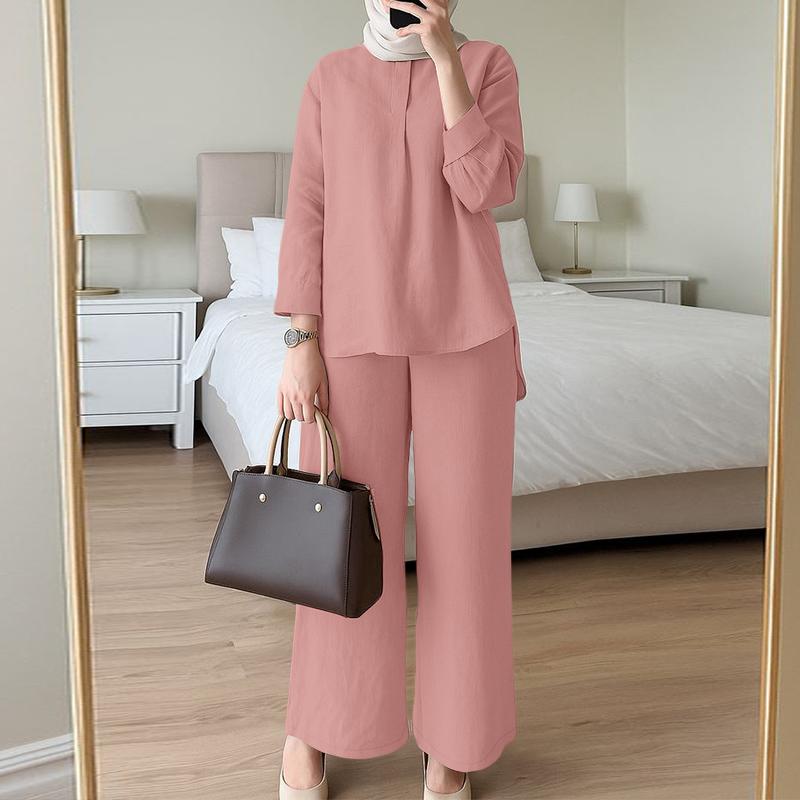 ZANZEA Women Long Sleeve Blouse and Pants Muslim Casual Two Piece Suit Sets