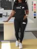 New Large Size Women's Casual Sports Suits - 2-piece White Parallel Stripes Sports T-shirt Suit