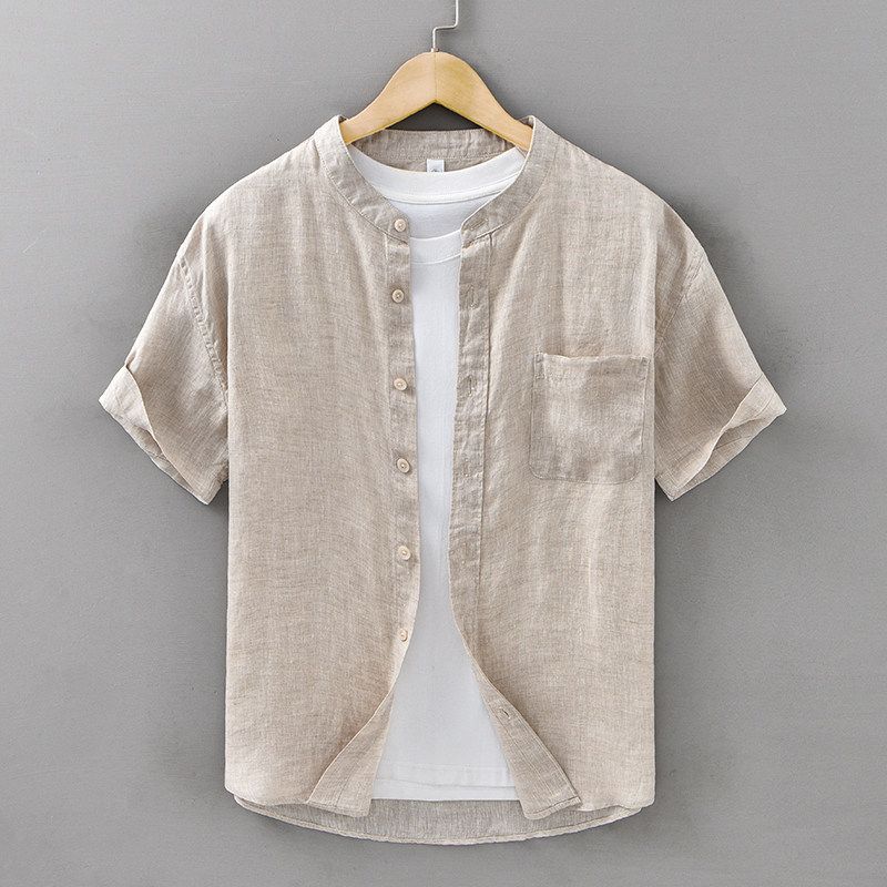New Chinese Style National Style Linen Short sleeve Shirts Men's Clothing Retro Stand Collar Cotton Linen Fabric Loose Casual Shirt Thin