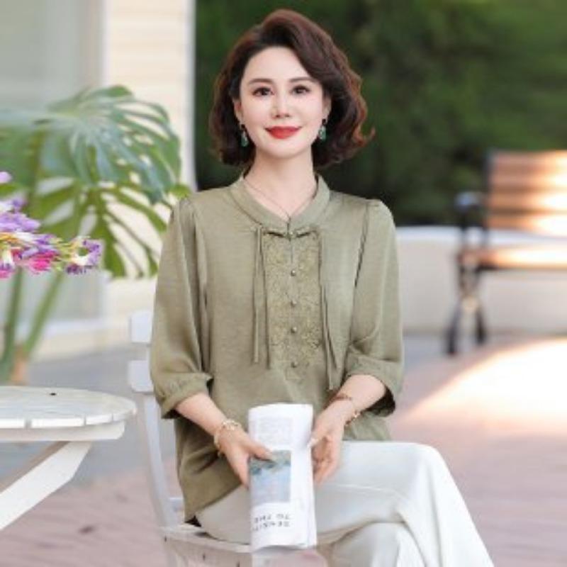 Middle-Aged Women's Khaki Embroidered Blouse Half Puff Sleeve Chinese Style Casual Top