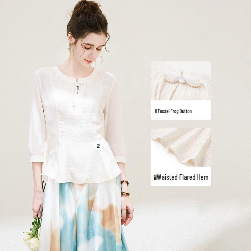TUHUANG New Chinese Style Mulberry Silk 7-Sleeve Tassel Blouse