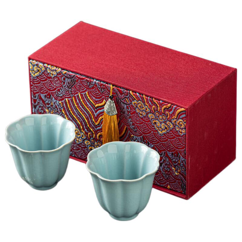 Hongyu Ru Kiln Crackle Glaze High Petal Tea Cup Pair Gift Set