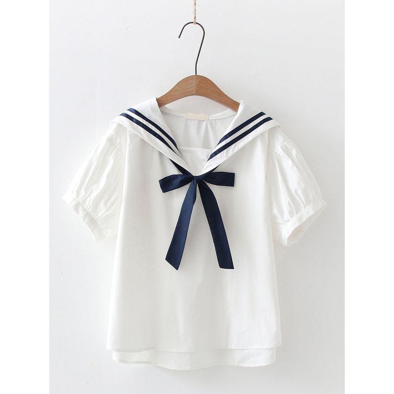 

Younger College Style Stylish Loose Short Sleeve Shirt White pure color All yards