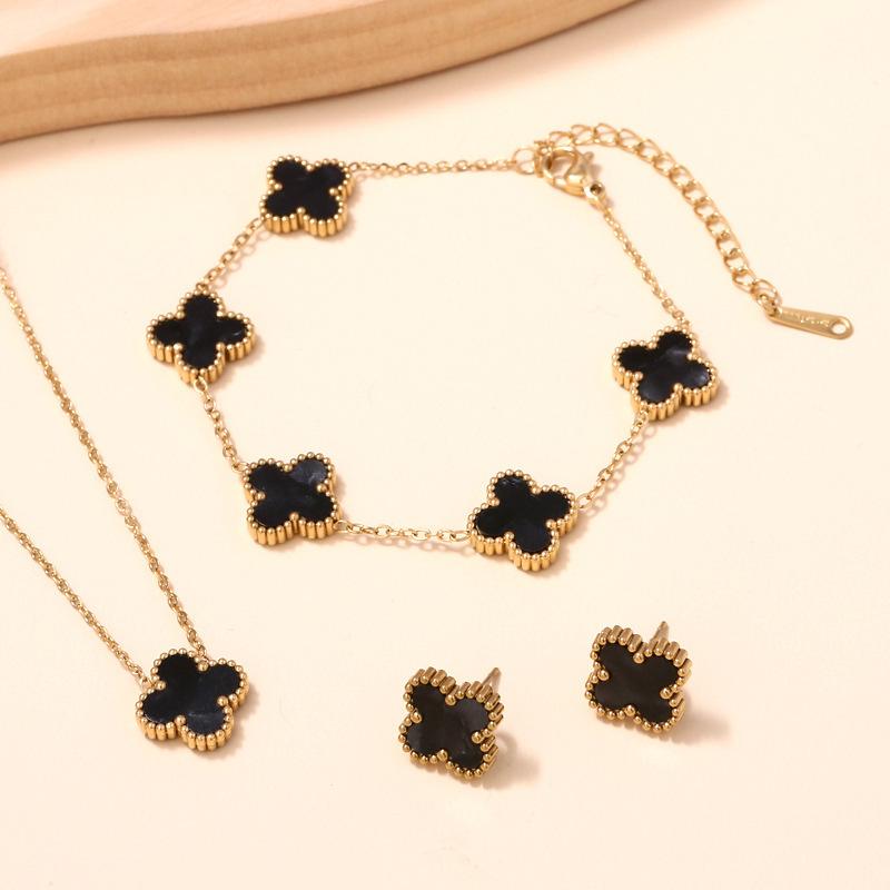 3PCS double-sided clover jewelry necklace bracelet earring set
