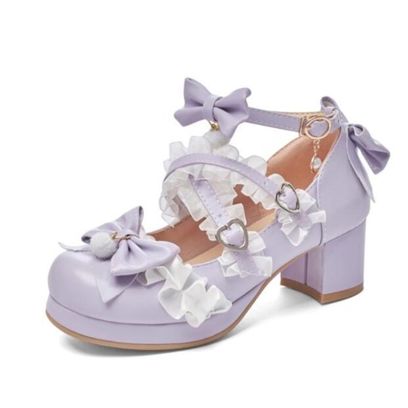 Cross Strap Girls High Heels Women Mary Jane Pumps Wedding Party Shoes Sweet Ruffles Bow Princess Cosplay Lolita Shoes 29-43