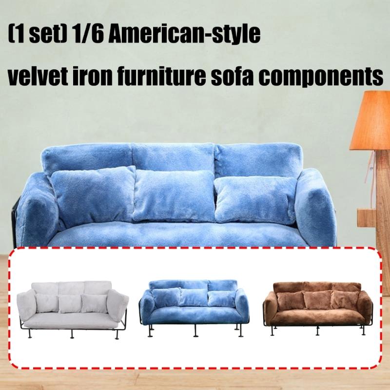European Styles Velvet Sofa Furniture With Removable Cushion And Metal Frame for 1/6 Doll House Scene Display Accessories