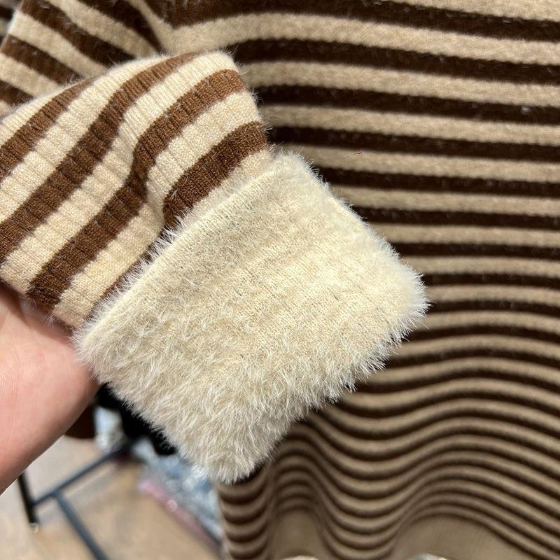Sweater for Women Autumn Winter Thickened Warm Knitted Stripes Stretchy Long Sleeve Tops